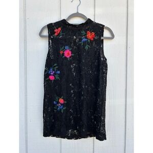 LOFT Black Sheer Lace Blouse with Embroidered Flowers, sz‎ S